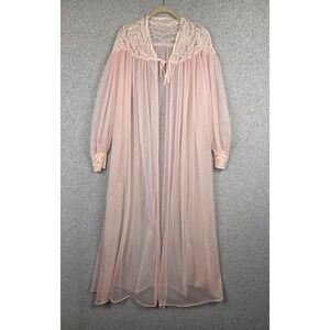 Vintage Henson Kickernick Robe Womens Medium Pink Long Sheer Lace Peignoir 70s